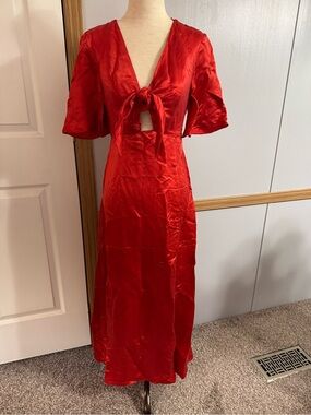 & Other Stories Paris Atelier Red Satin V-Neck Midi Dress Size 2